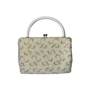 Vintage Corde-Bead Beaded Evening Bag Purse Kiss Clasp Ivory Gold Size 8.5" x 6"
